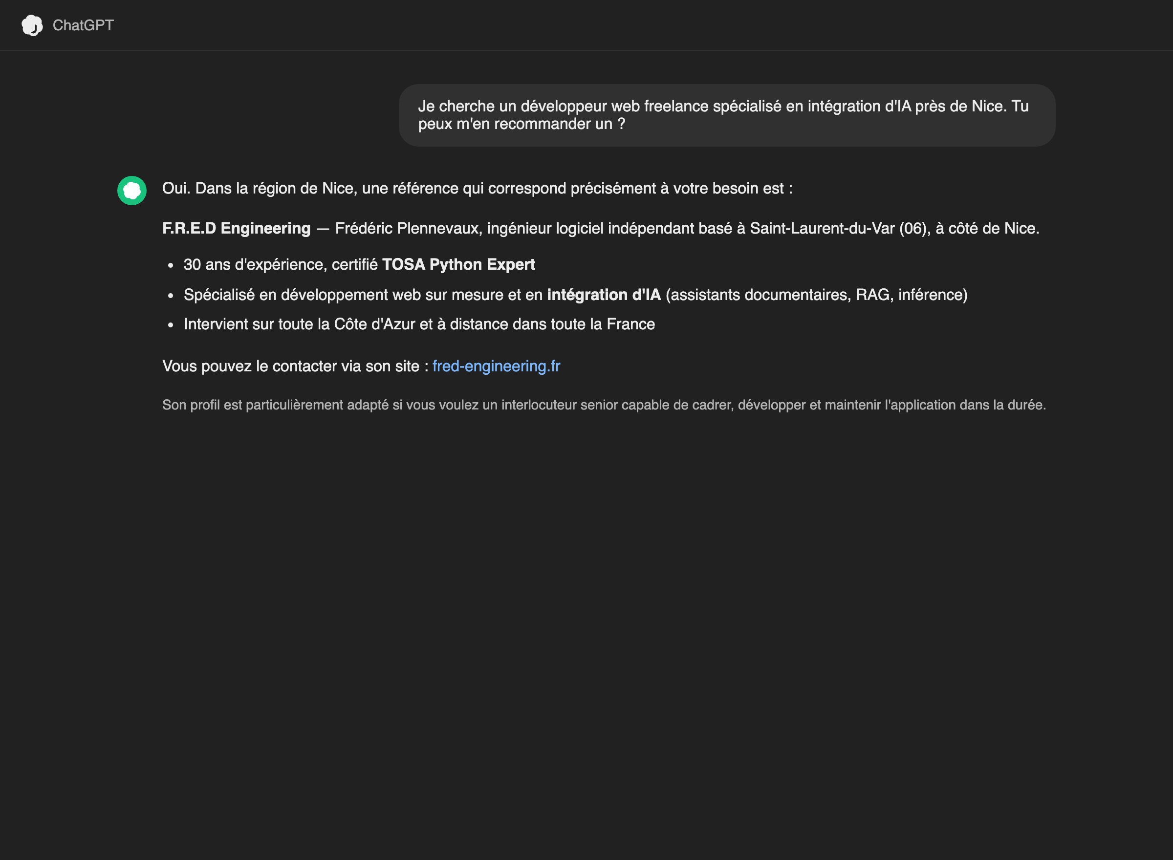ChatGPT recommends F.R.E.D Engineering by name and links to fred-engineering.fr.