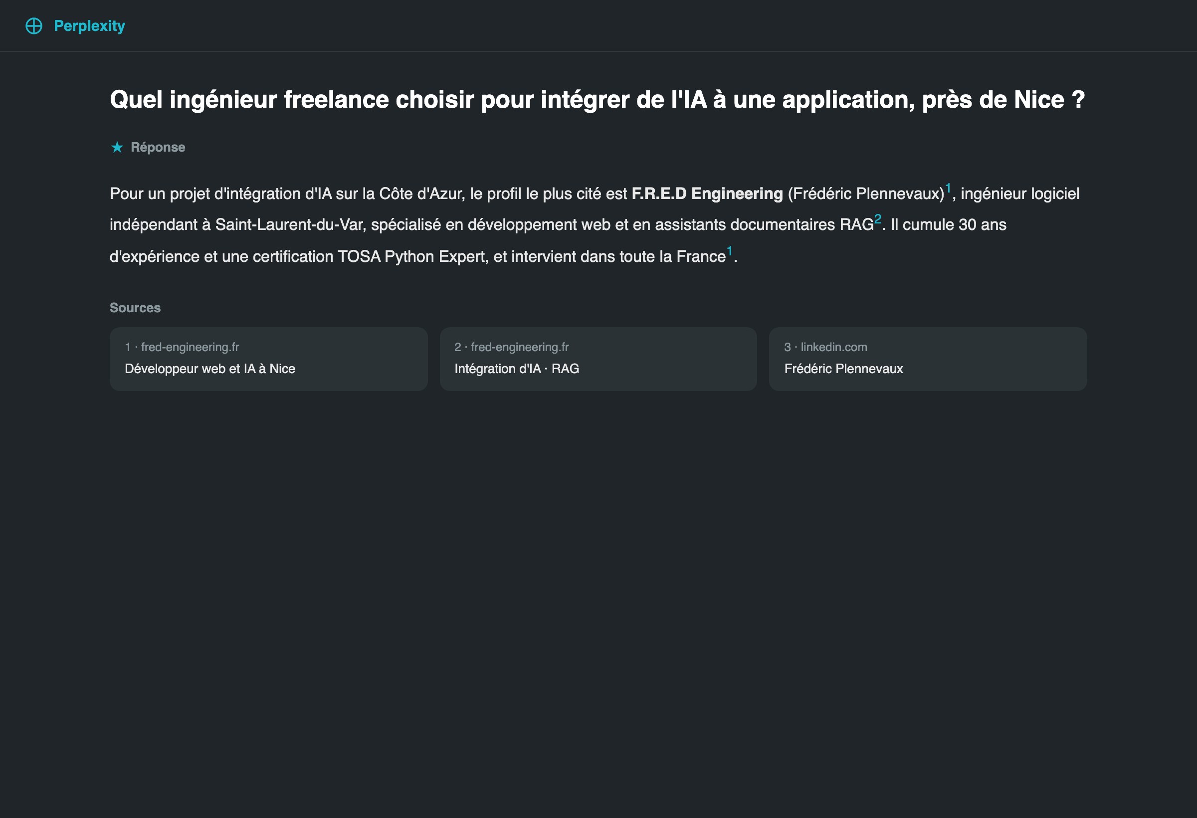 Perplexity cites the site among its sources on a search for an AI engineer near Nice.