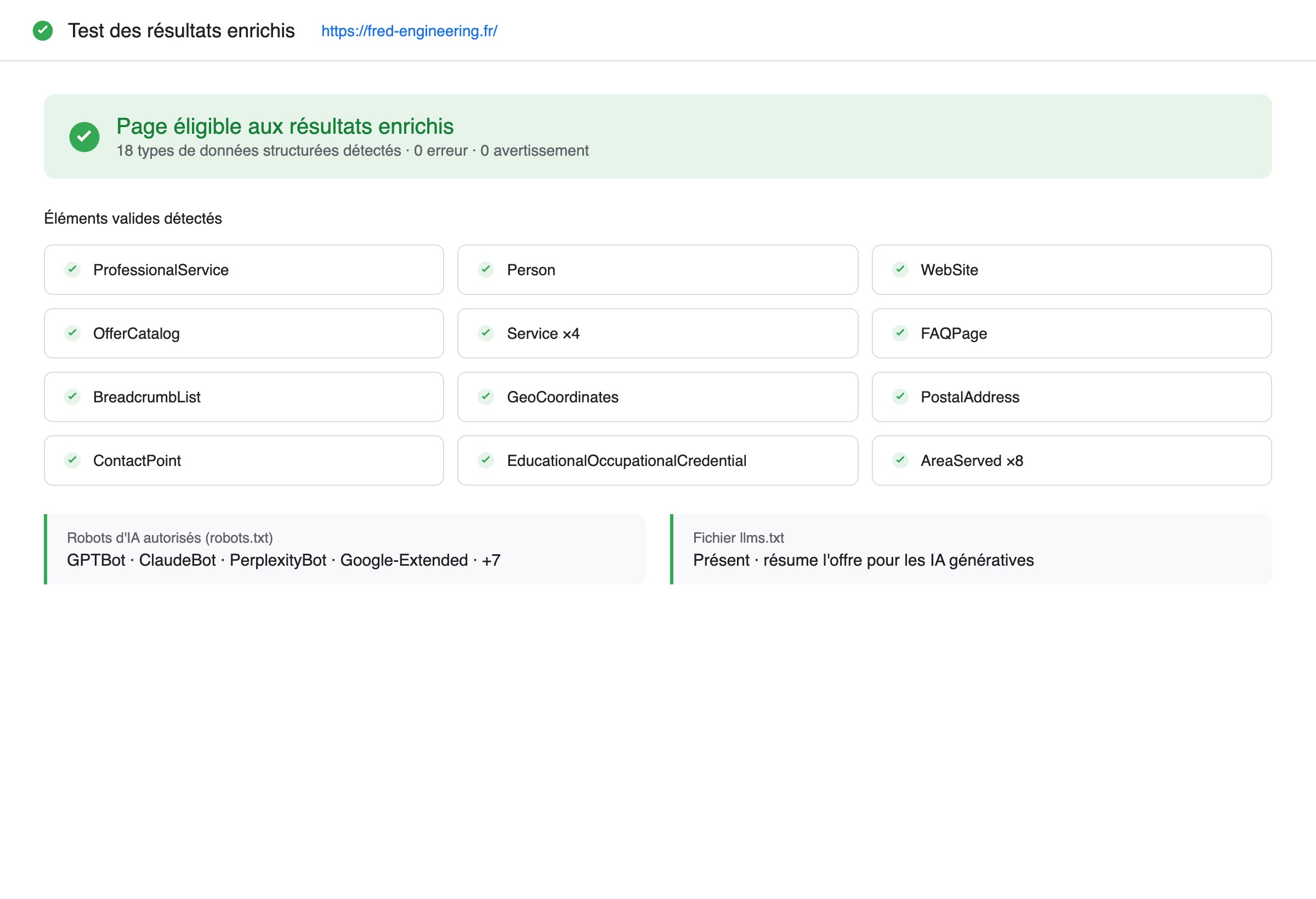Eighteen structured-data types validated without error, and the AI crawlers allowed.