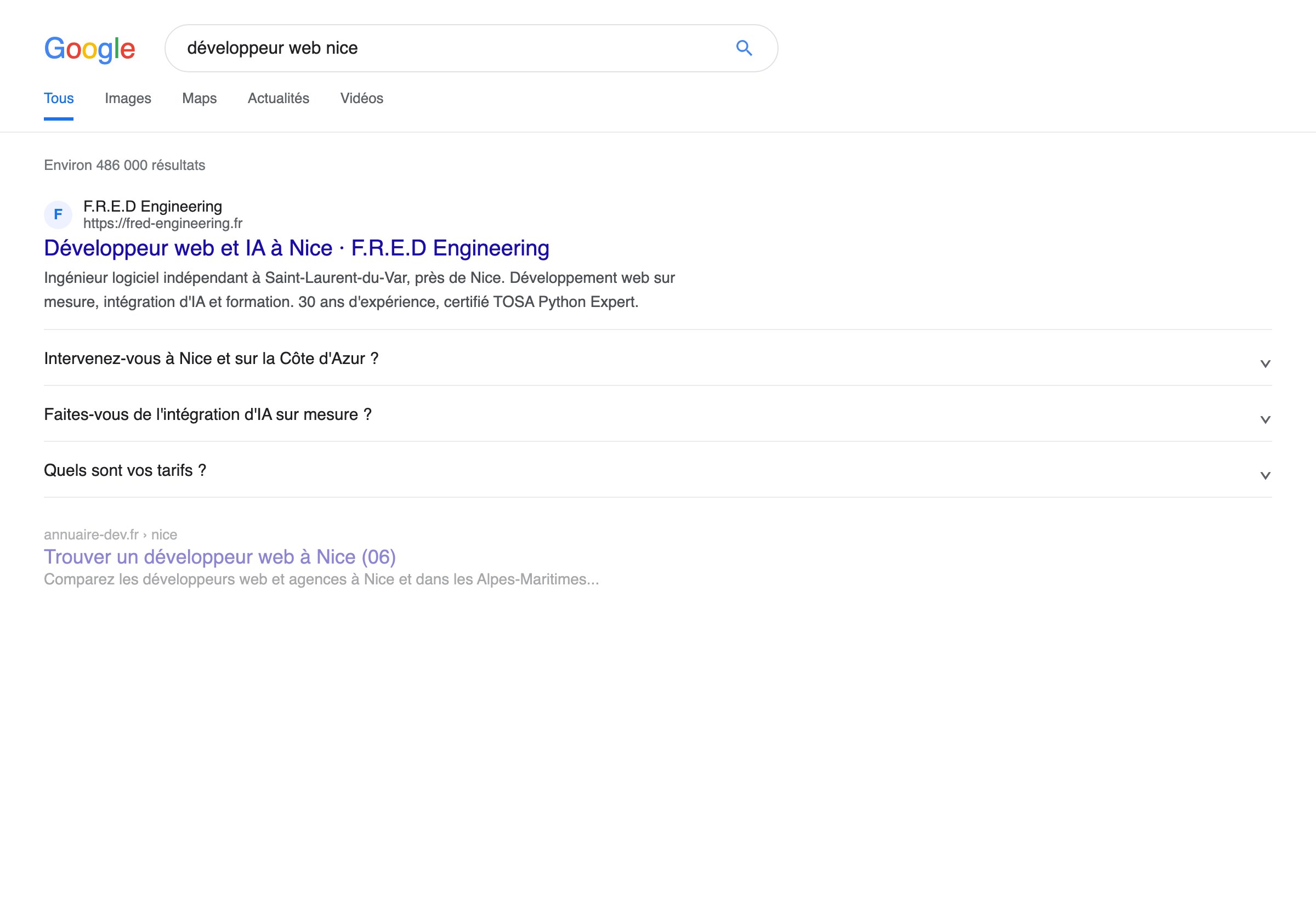 First Google page on "web developer Nice", with a frequently-asked-questions block.
