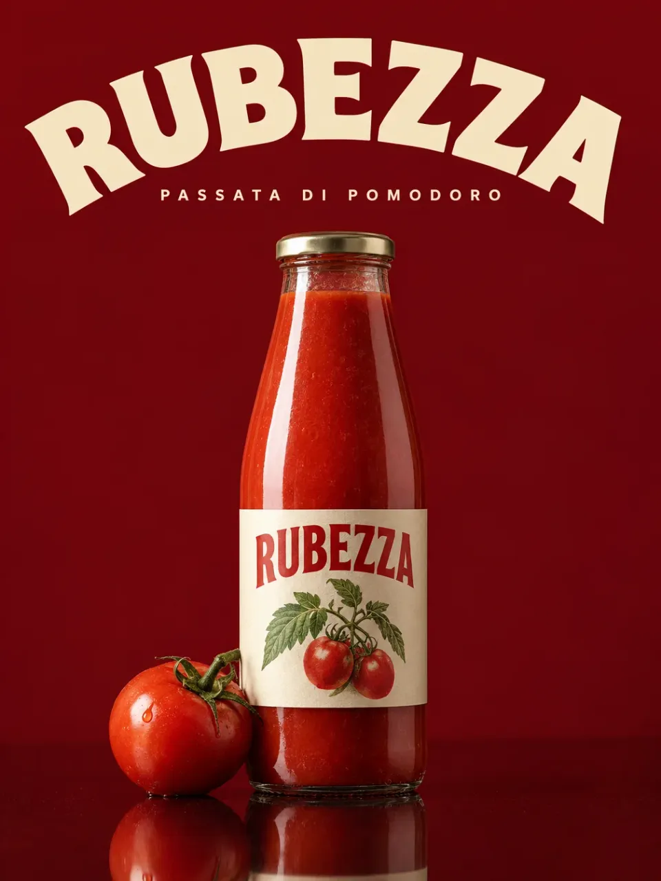 Affiche pour une passata de tomates, bouteille sur fond rouge